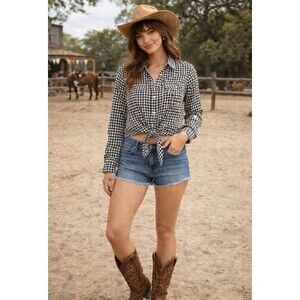 Jones New York Women's Black White Check Tie Waist Long Sleeve Top Size Large